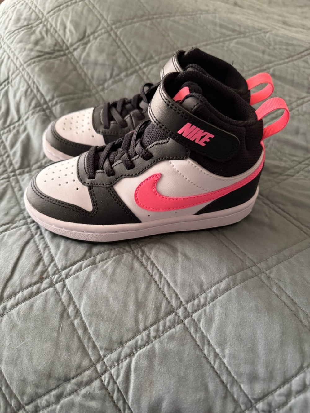 Nike Kids Black White Pink High-Top Sneakers with Bright Pink Swoosh